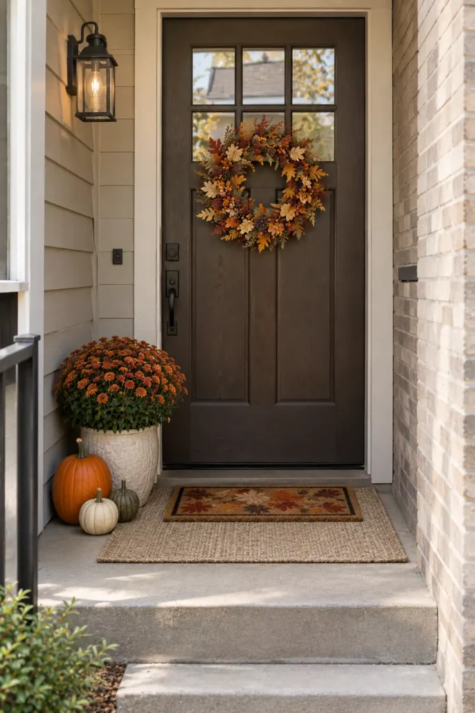 Small porch with a layered outdoor rug and fall doormat beside the front door
