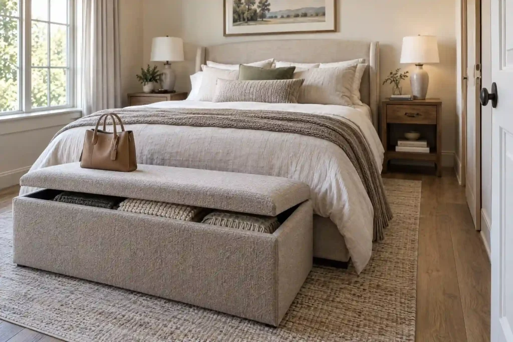 Storage bench at the foot of a bed holding folded throw blankets