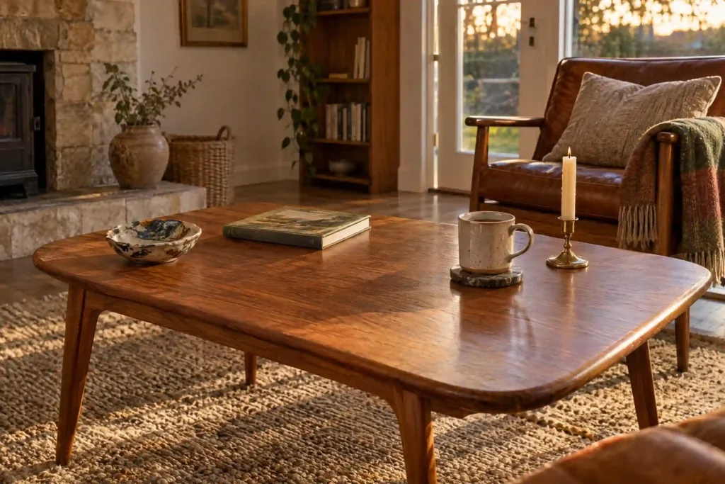 Vintage wood coffee table styled with a ceramic dish, coasters and open space for everyday use