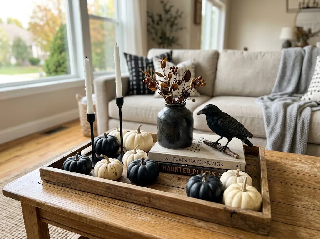 Black and white Halloween coffee table centerpiece with pumpkins and candles