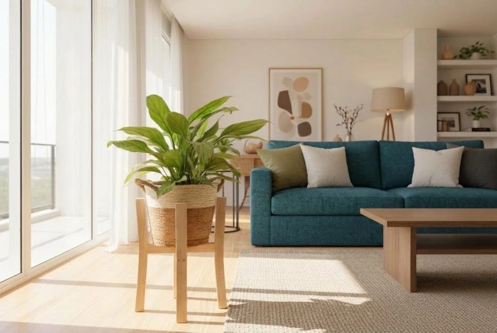 Apartment living room with leafy indoor plants, a woven basket, ceramic decor, and natural wood furniture.