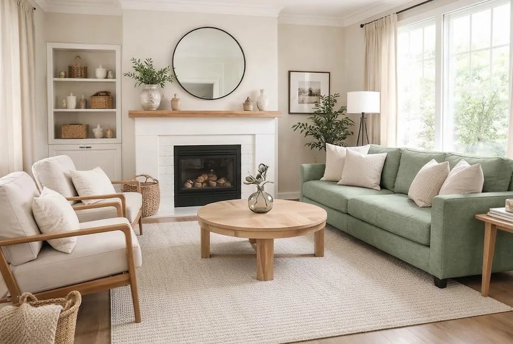 Sofa and two armchairs turned inward in a close U shape around a round wooden coffee table in a living room