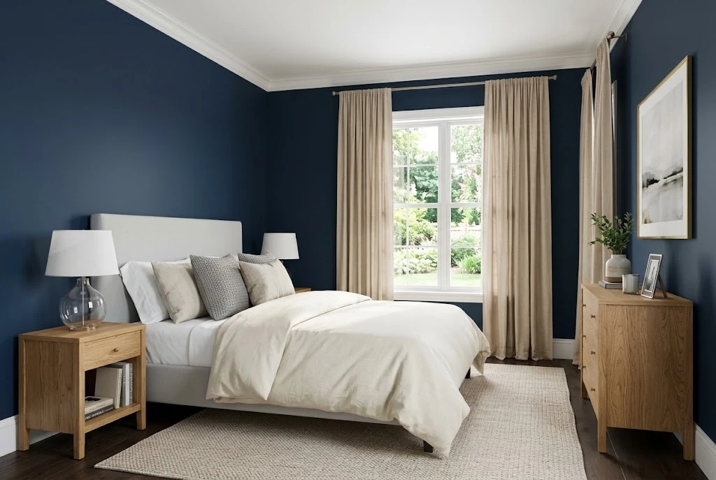 Navy blue bedroom walls paired with cream bedding, beige curtains, and gray upholstery