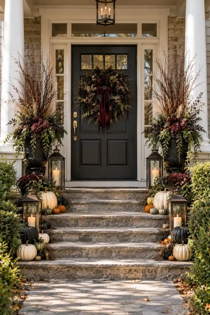 Traditional Halloween front steps decorated with layered pumpkins, lanterns, and tall planters