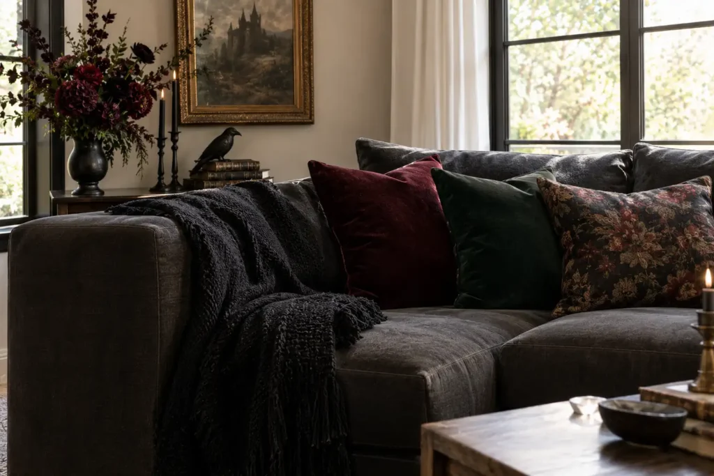 Gothic-inspired living room with a dark sofa, burgundy and aubergine pillows, black throw, and vintage decor