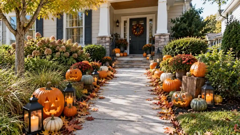 DIY pumpkin pathway Halloween decoration in a front yard