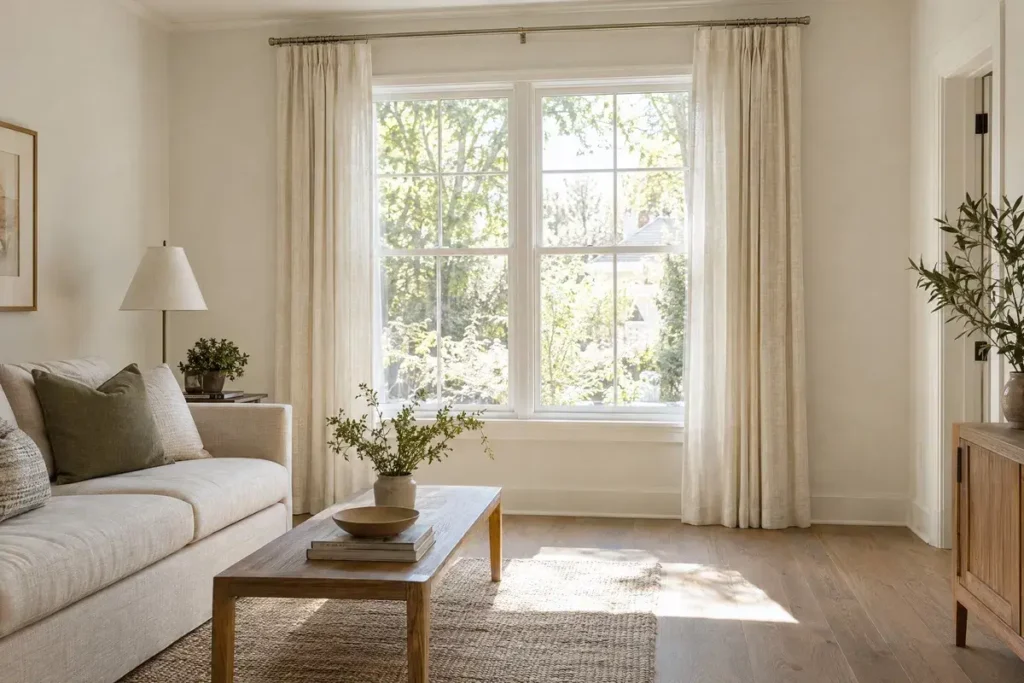 Floor-length ivory curtains hung near the ceiling in a small living room.