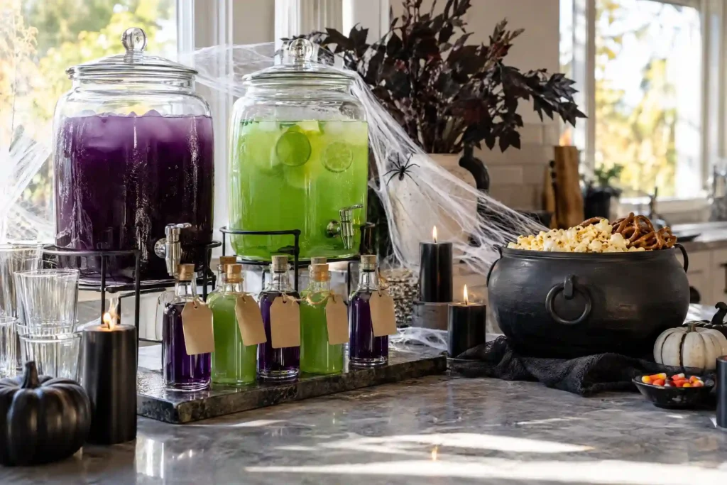 Halloween potion drink station with glass dispensers and labeled bottles in a kitchen