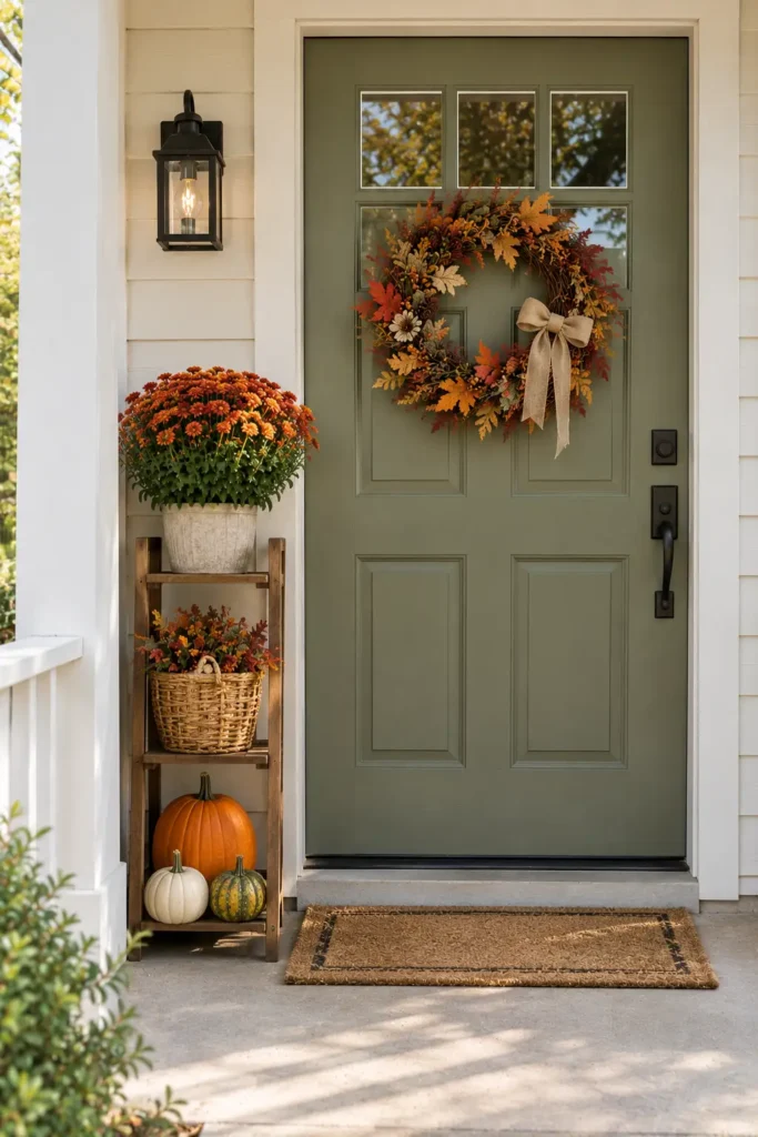 Small farmhouse porch with a narrow plant stand, woven basket, pumpkins, and fall wreath
