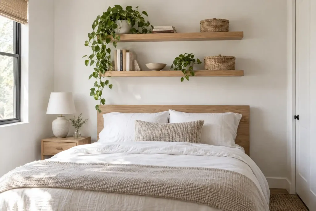 Floating oak shelves above a bed with books, a plant, and woven baskets