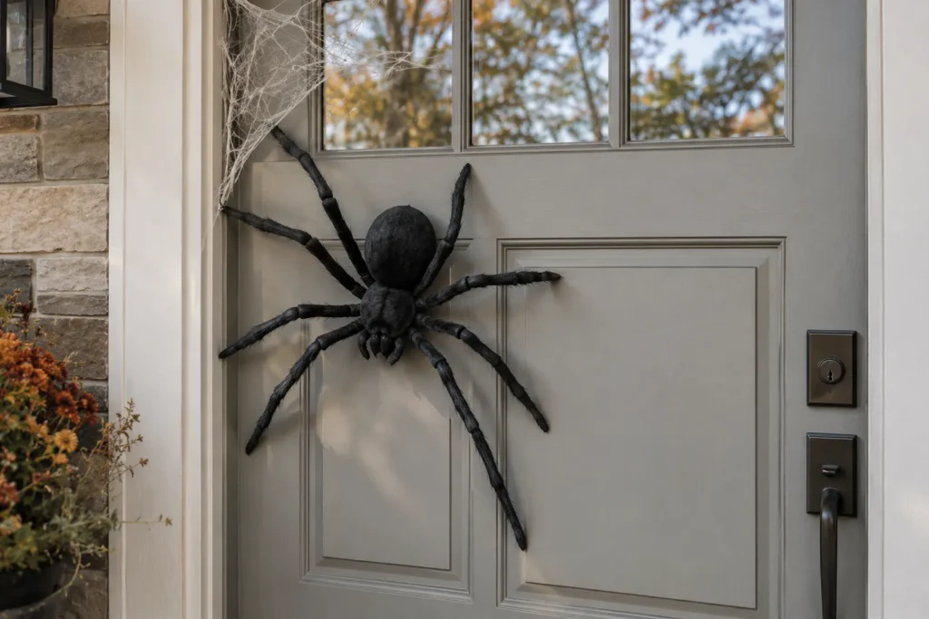 Oversized black spider decoration attached to a pale gray exterior door.
