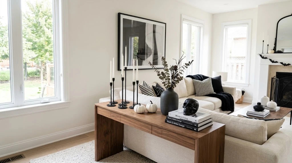 Black candleholders and white candles in a stylish Halloween living room