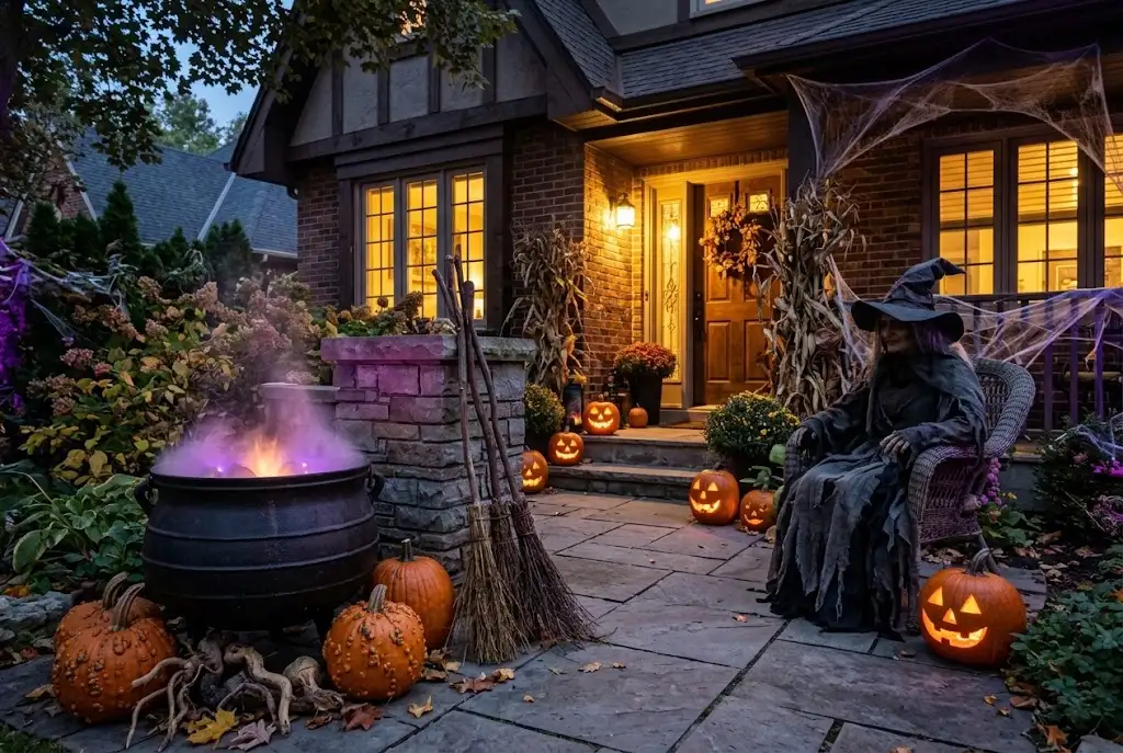 Black witch's cauldron surrounded by pumpkins and potion bottles in a Halloween yard.