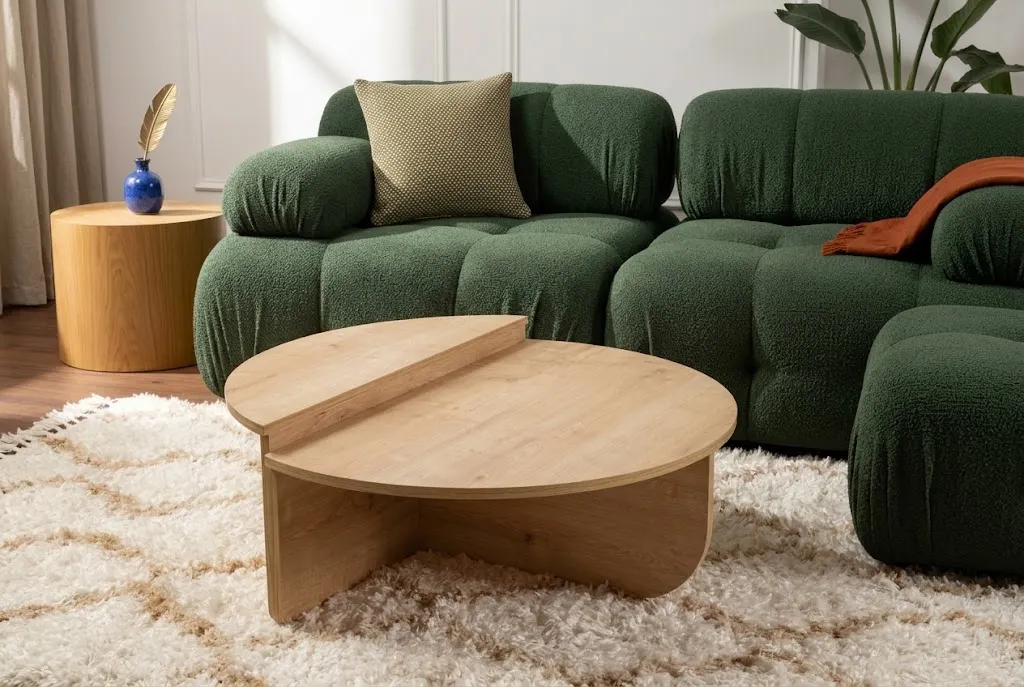 Oak coffee table styled with a ceramic vase, decorative tray, book, and bowl in a cozy living room.