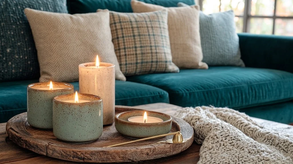 Three lit candles of different heights on a wooden tray with a small plant on a living room coffee table