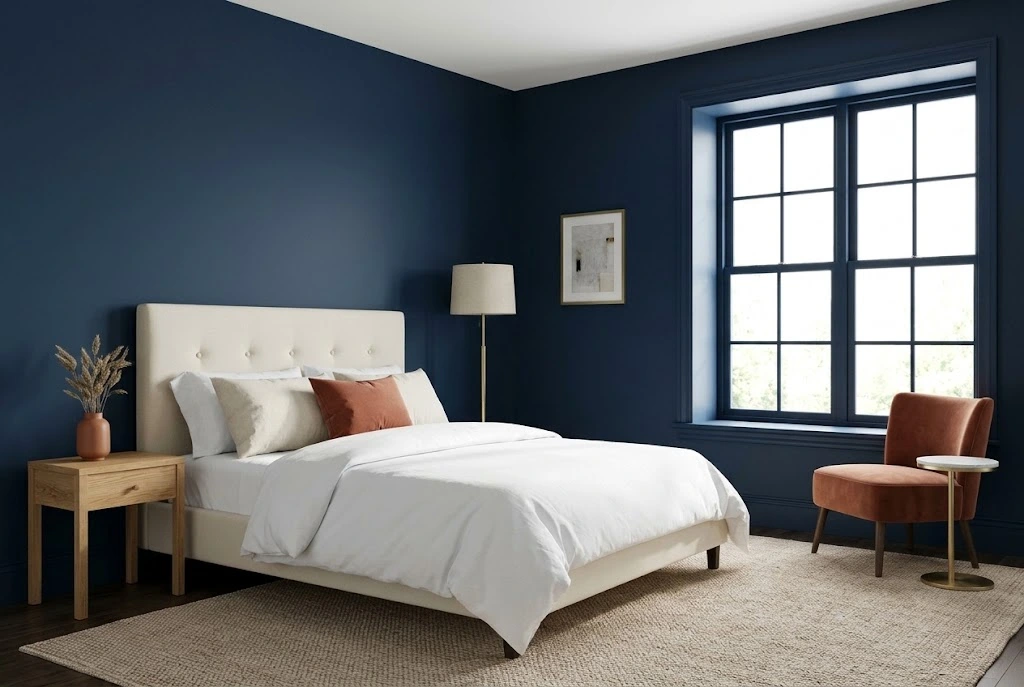 Navy blue bedroom with brass bedside lamps, a rust-orange cushion, and cream bedding