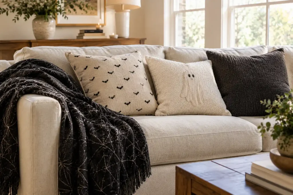 Halloween sofa with subtle bat, ghost, and spiderweb patterns on decorative pillows and a dark throw blanket