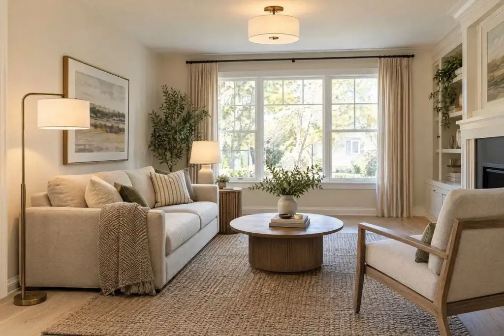 Small living room with a floor lamp, table lamp, and overhead lighting.