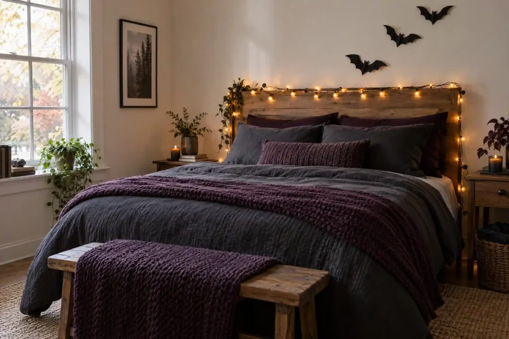 Cozy Halloween bedroom decor with plum bedding, string lights, and bat wall stickers