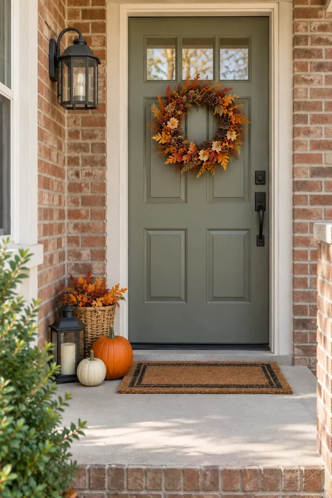Small brick porch with a fall lantern, pumpkins, woven basket, and autumn wreath