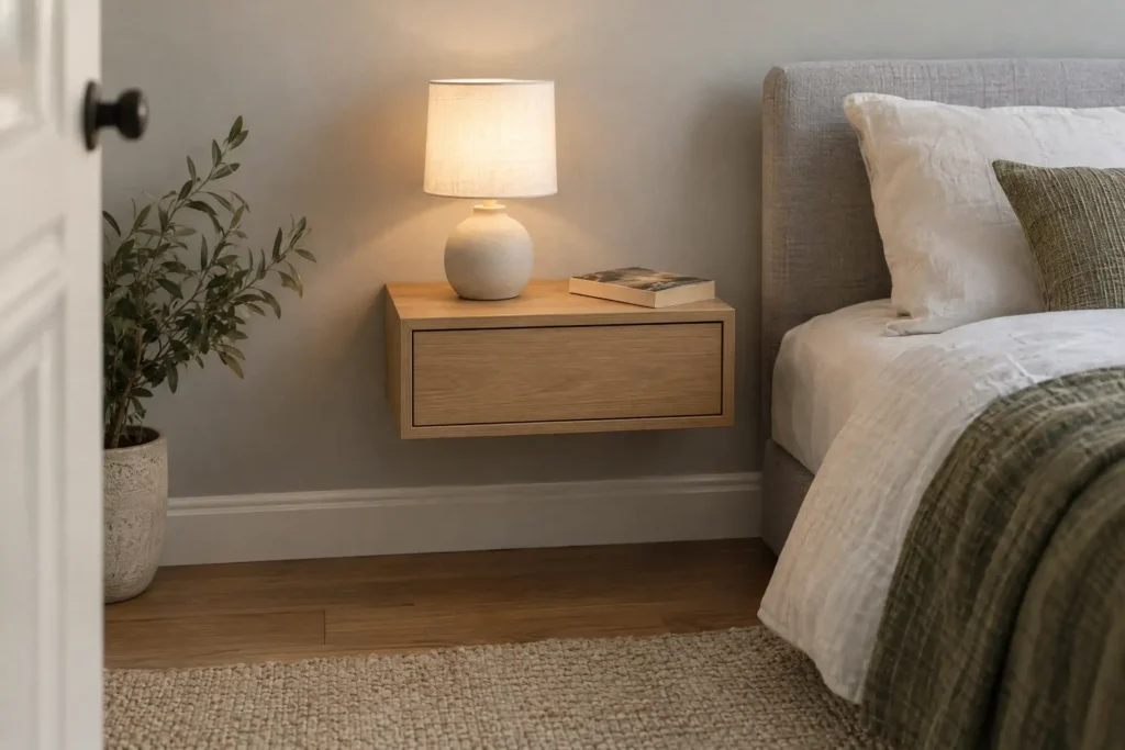 Wall-mounted floating nightstand with a drawer freeing up floor space beside the bed