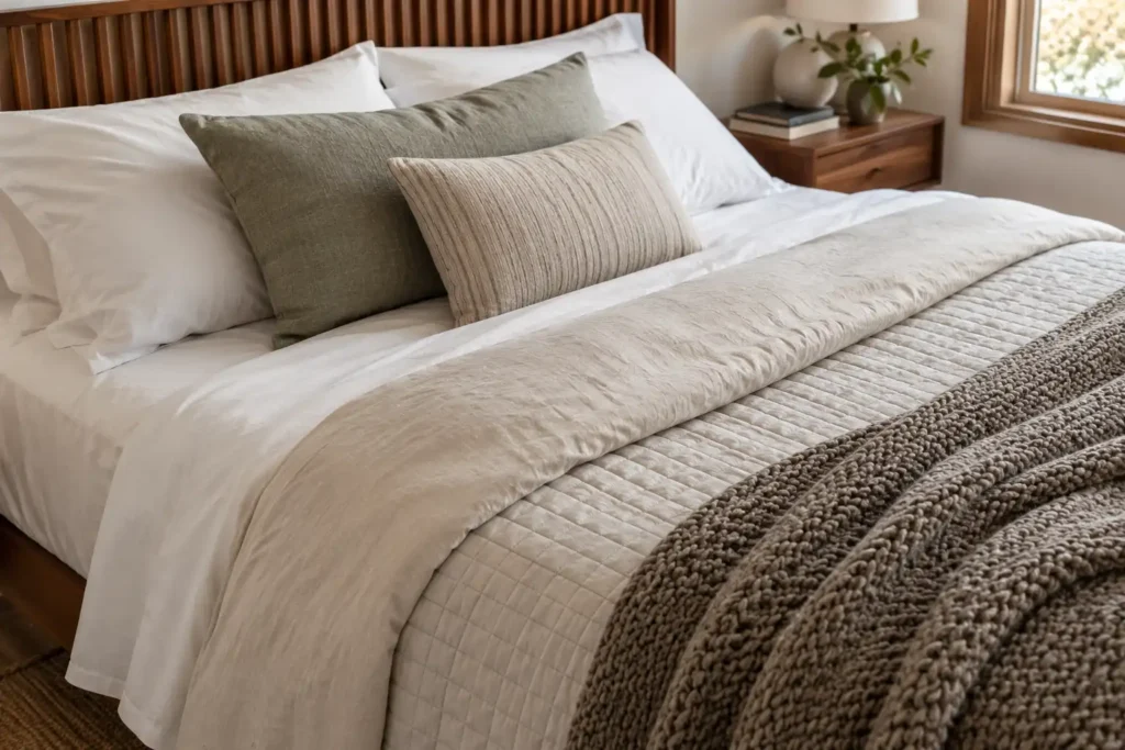 Layered cream bedding with cotton sheets, a quilted coverlet, and a taupe knitted throw on a cozy bed.