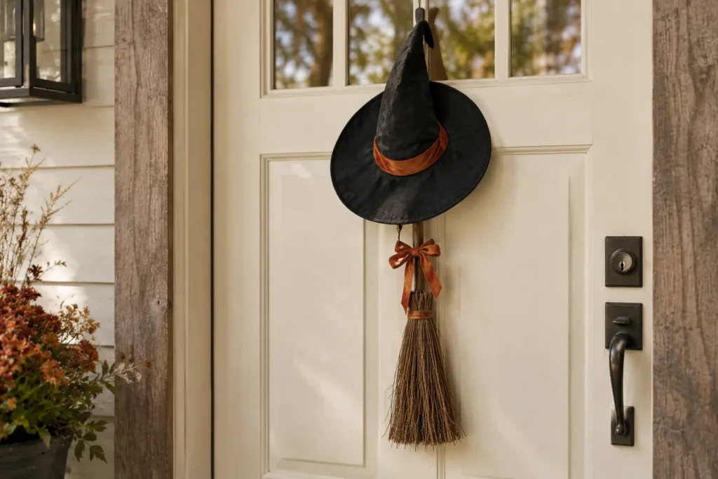 Black witch's hat and miniature natural-bristle broom hanging on an ivory farmhouse door.