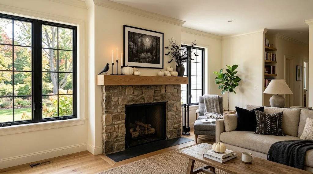 Modern Halloween fireplace mantel decorated with black and white pumpkins
