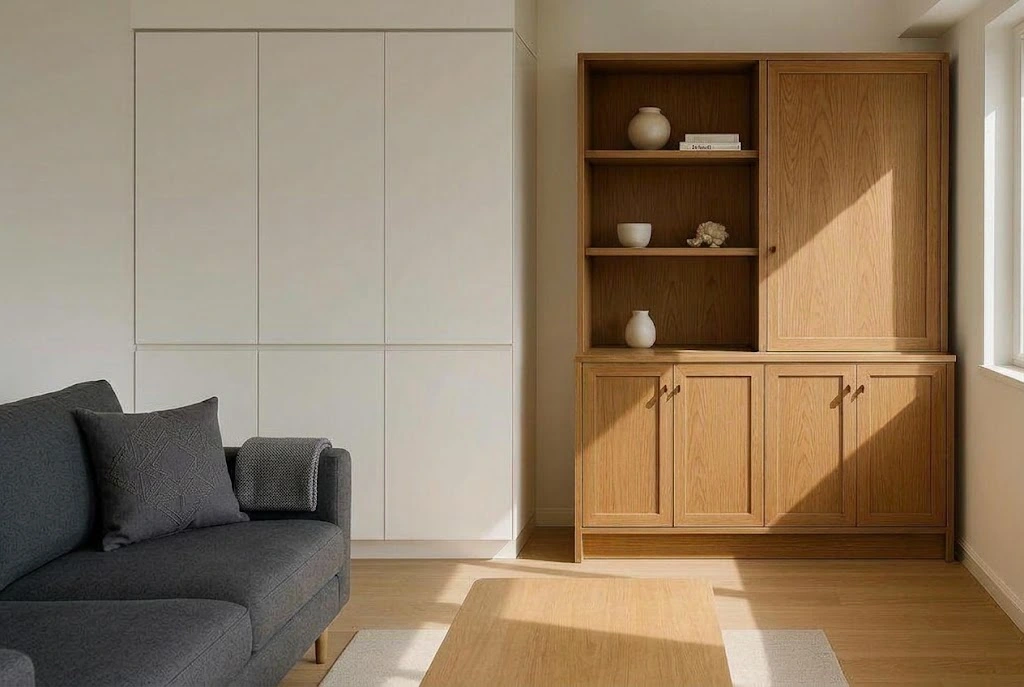 Organized apartment living room with a tall narrow bookcase, closed storage cabinet, and neatly arranged shelves.
