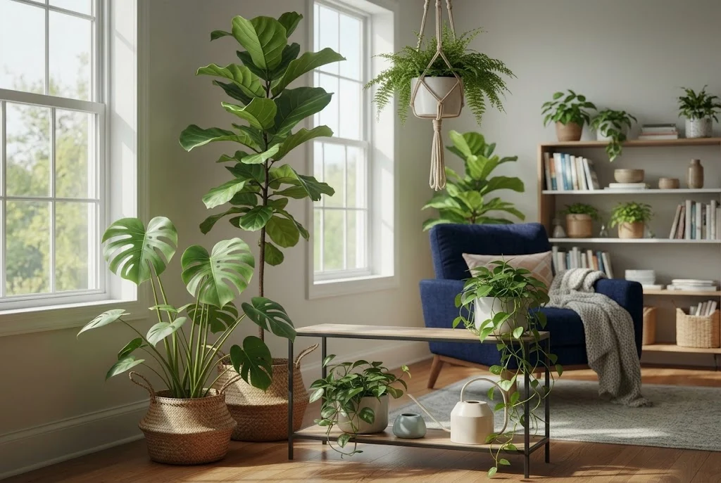 Group of three healthy houseplants at different heights near a bright living room window