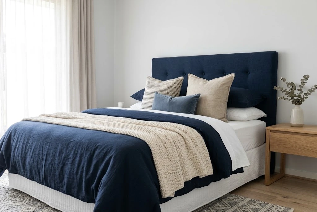 Layered navy blue bedding with a matching upholstered headboard and cream knitted throw