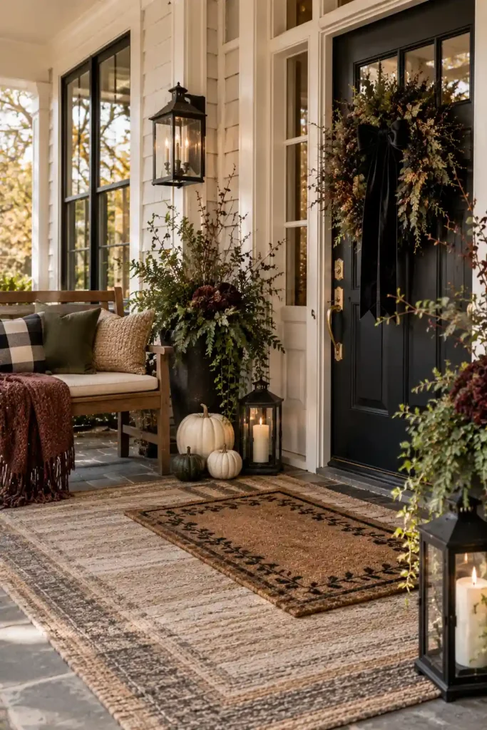 Luxury Halloween porch with layered outdoor rug, seasonal doormat, cushions, and cream pumpkins