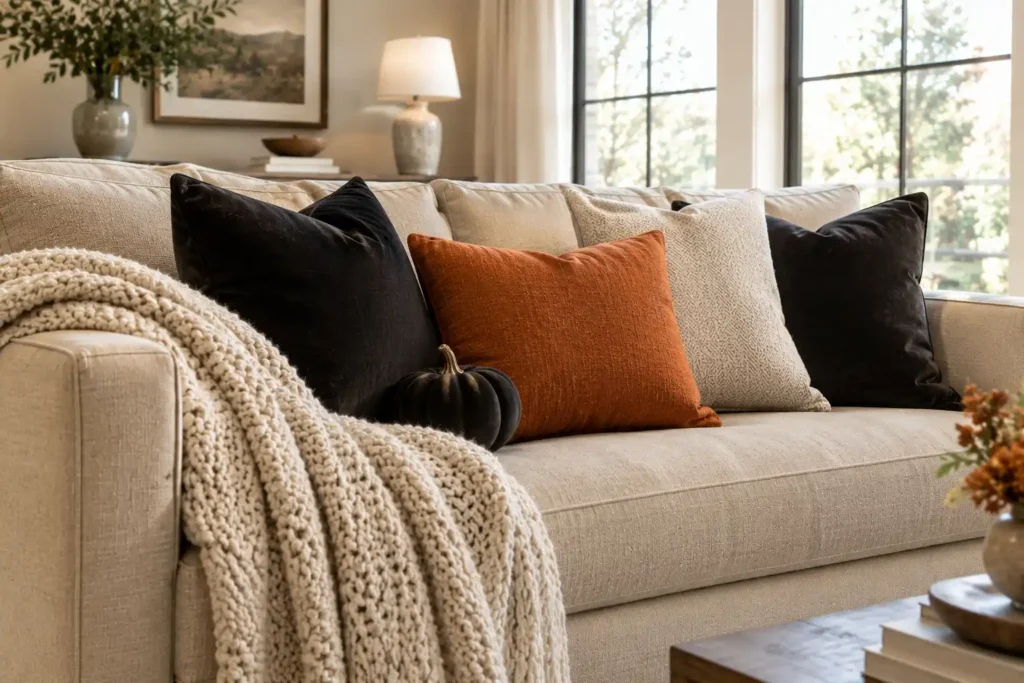Neutral beige sofa with black velvet pillows, an ivory knit throw, burnt orange cushion, and black pumpkin