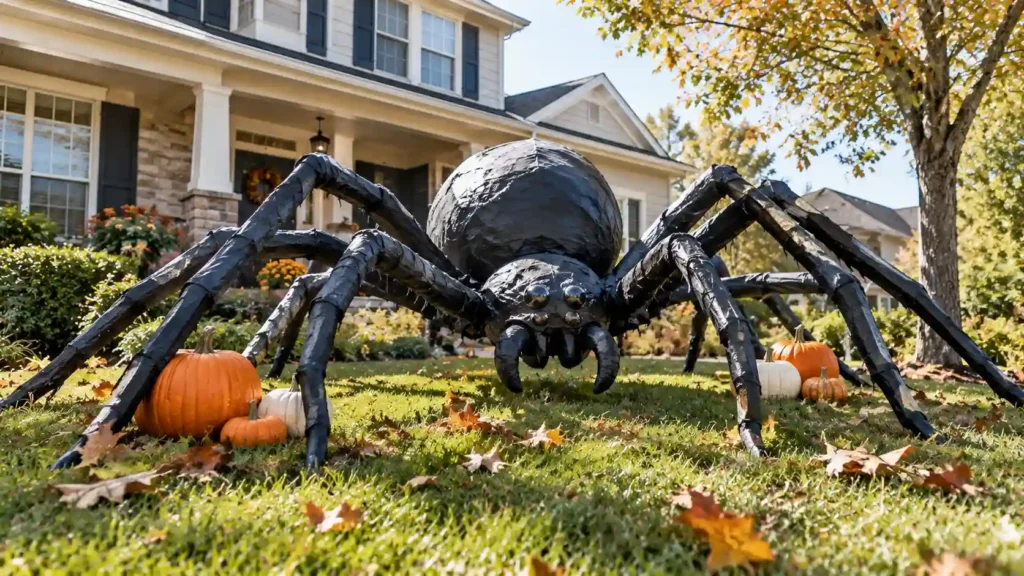 Giant DIY Halloween spider decoration on a suburban lawn