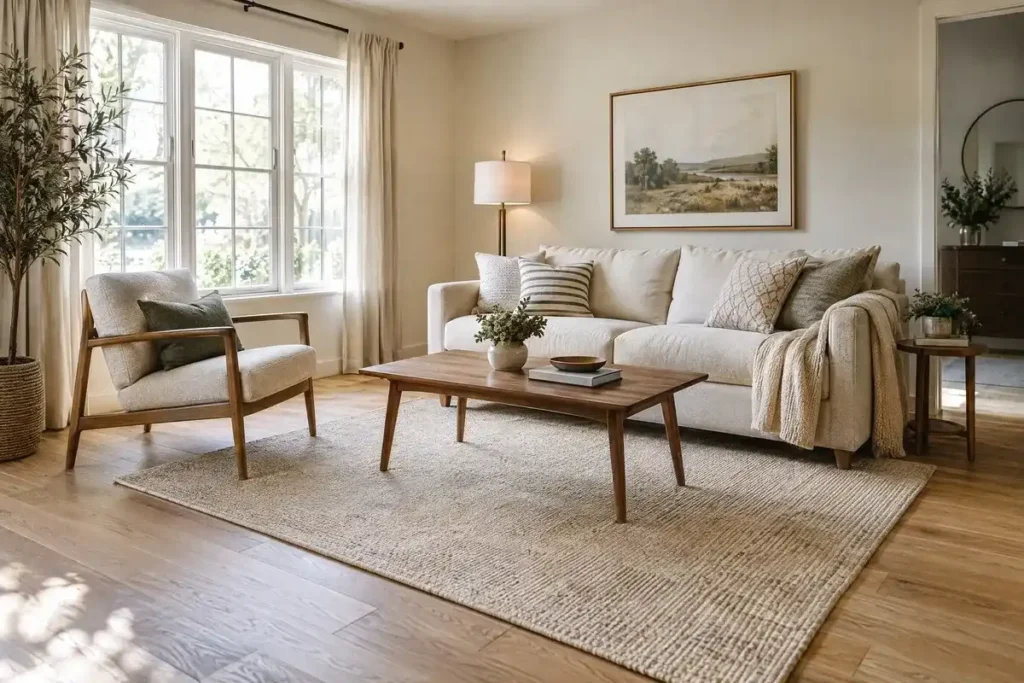 Beige area rug connecting the sofa, accent chair, and coffee table in a small living room.