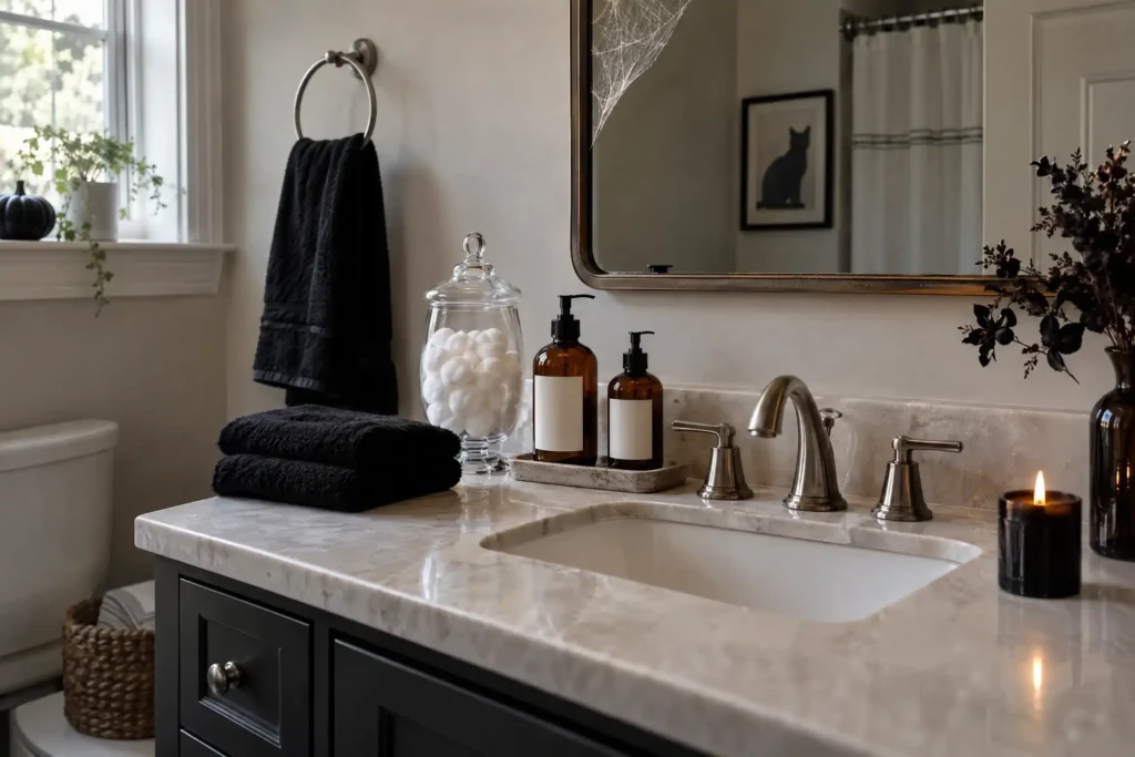 Halloween bathroom decor with black towels, apothecary jars, and potion-style soap bottles