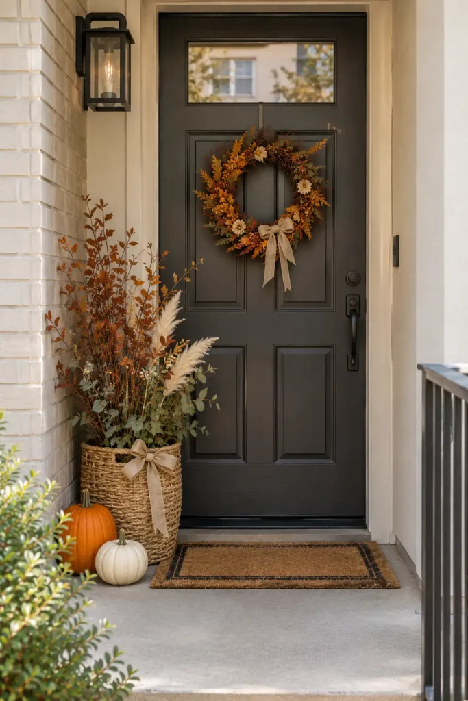 Small apartment entrance with a woven basket filled with autumn branches and fall foliage