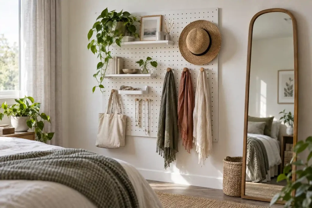 Pegboard wall storage for scarves, bags, and accessories in a small bedroom