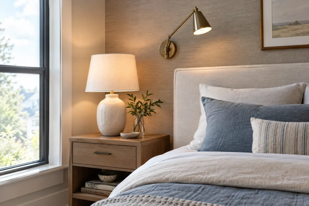 Cozy bedroom lighting with a ceramic bedside lamp, a wall-mounted reading sconce, and a soft upholstered headboard.