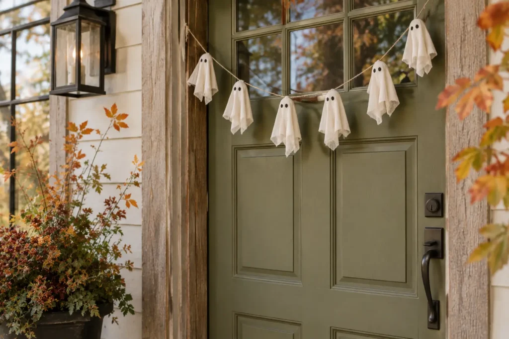 Cream fabric ghost garland with black eyes hanging above an olive-green cottage door.