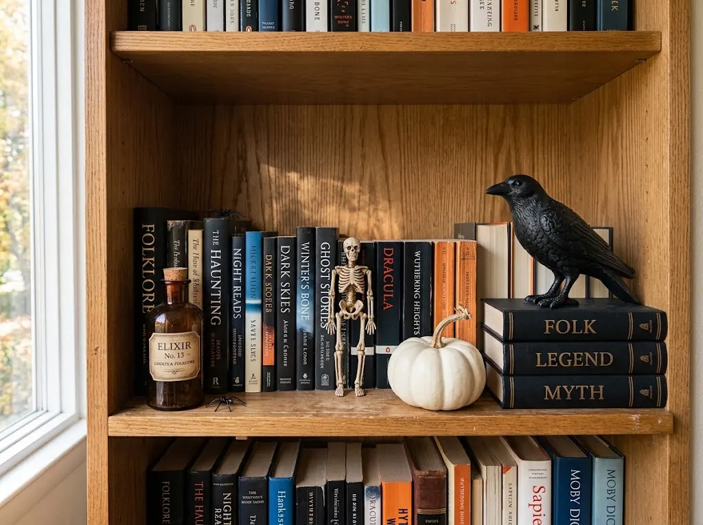 Raven, skeleton, and spider Halloween accents on a living room bookshelf