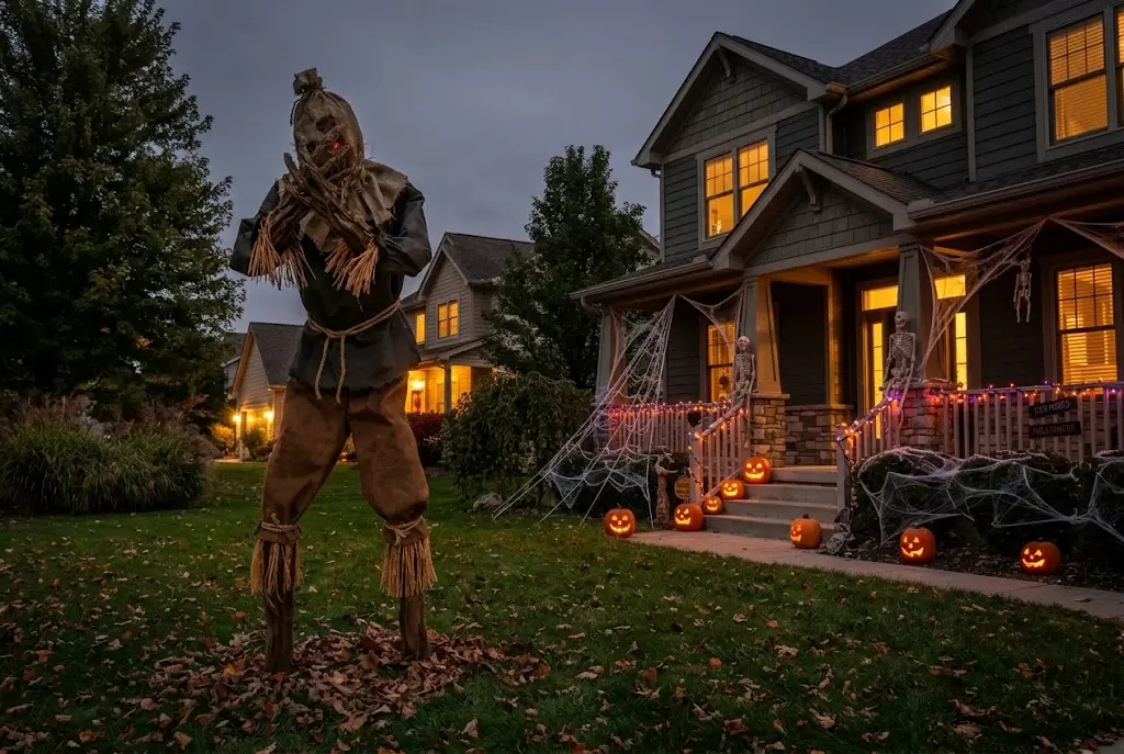 Weathered scarecrow standing beside a wooden garden gate with autumn foliage.