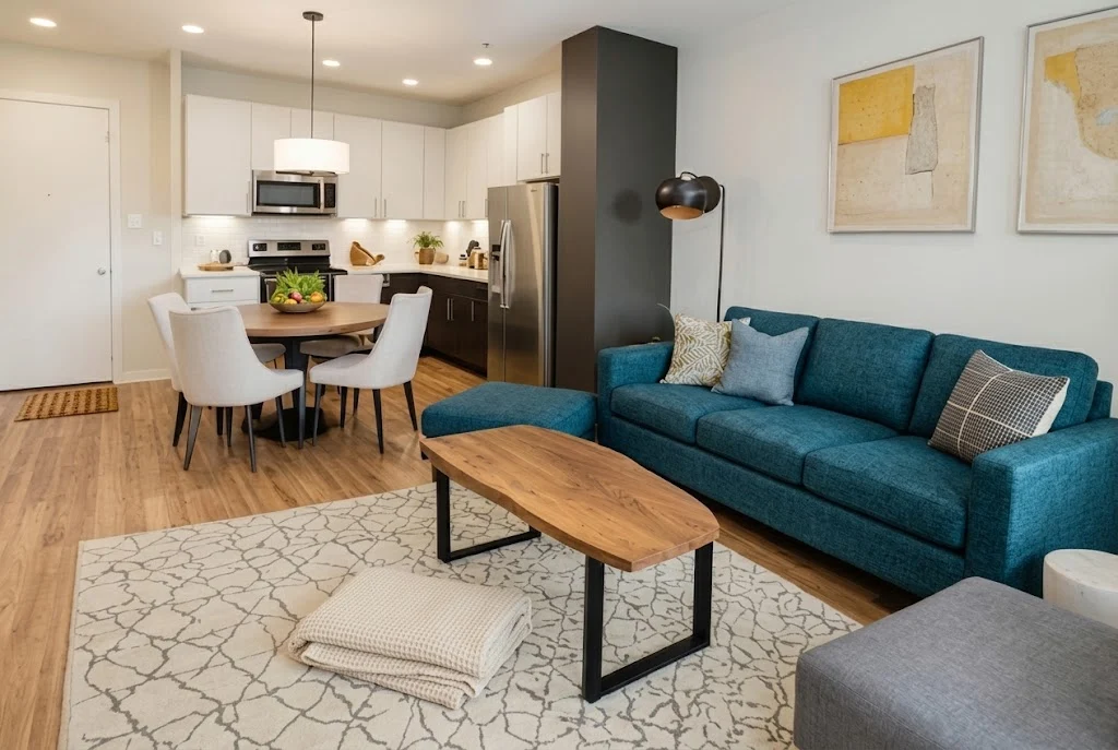 Studio apartment with a sofa seating area, compact dining table, and an open, functional layout.
