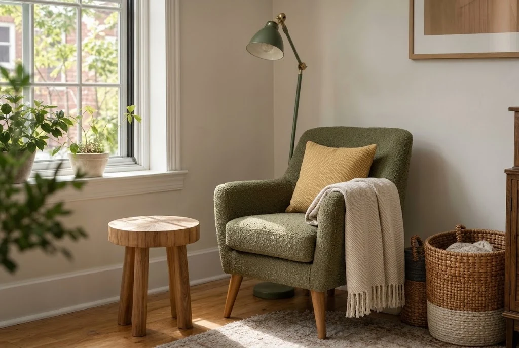 Cozy living room reading corner with an armchair, knit throw, floor lamp and a stool holding a mug and books