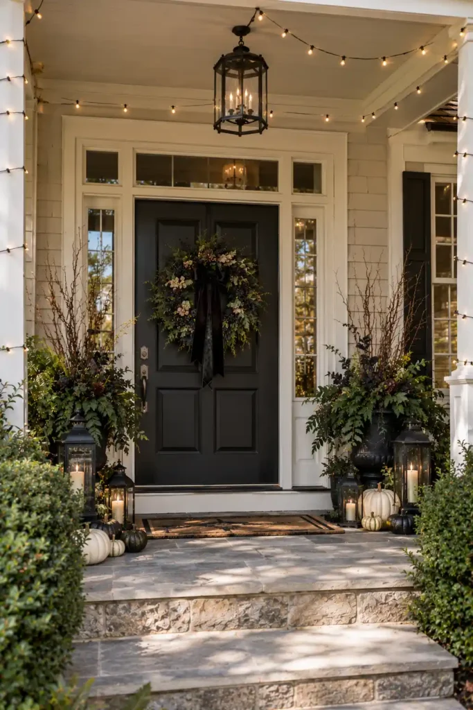 Elegant Halloween porch with warm lanterns, string lights, pumpkins, and dark seasonal greenery