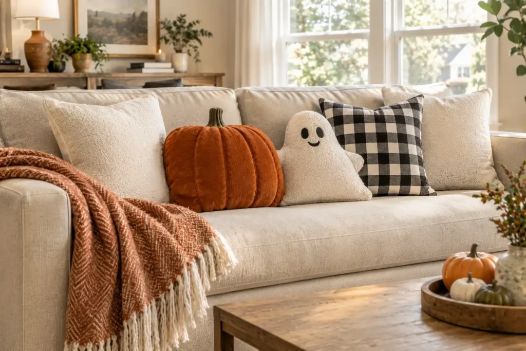 Family-friendly Halloween sofa with friendly ghost and pumpkin pillows, cream cushions, and a soft seasonal throw