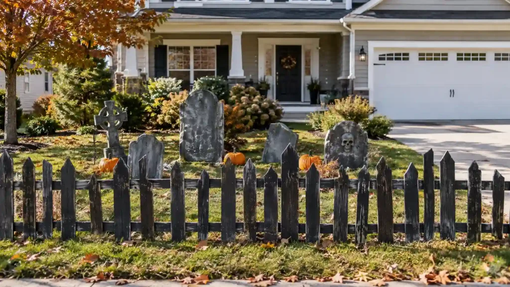  DIY haunted cemetery fence with Halloween tombstones