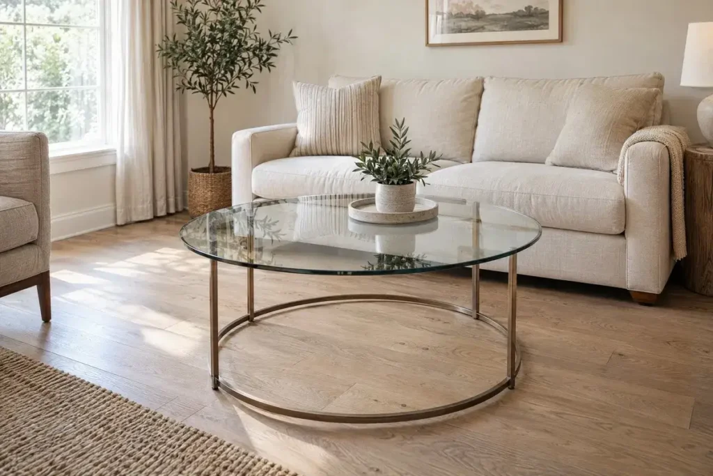 Small living room with a round glass coffee table that preserves open sightlines.