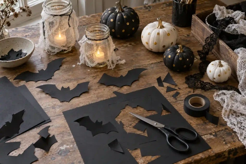 Cheap indoor Halloween decor DIY with paper bats, jar lanterns, and painted pumpkins