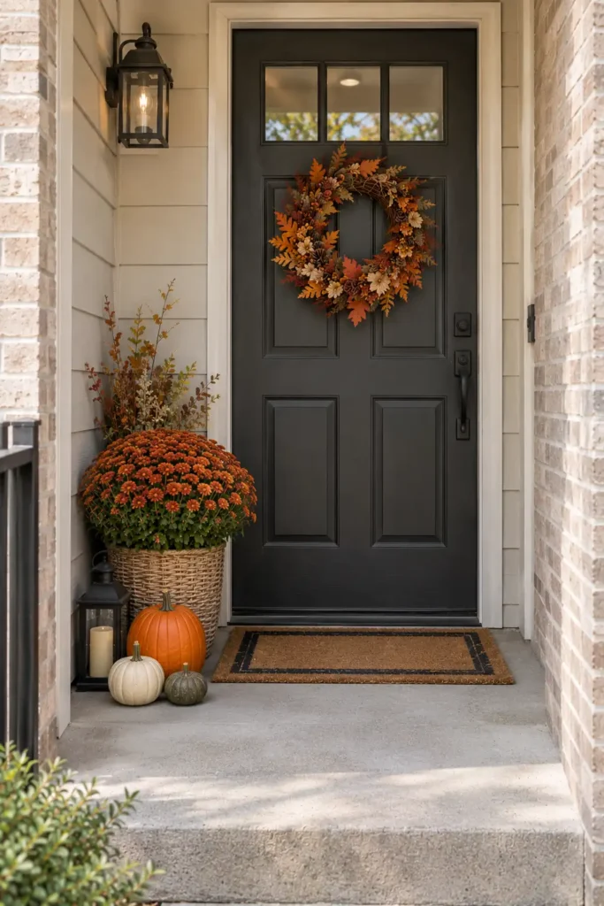 Narrow porch with fall decorations grouped on one side and a clear walkway to the door